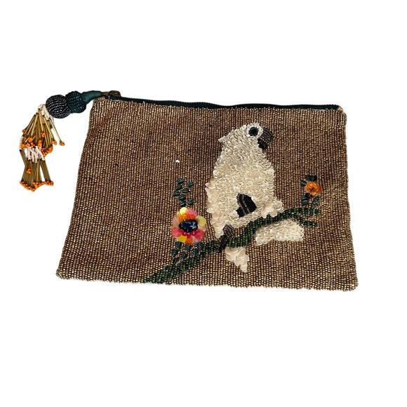 Miss Albright Anthropologie Beaded Clutch Bag Metallic Gold Bird - Picture 3 of 8